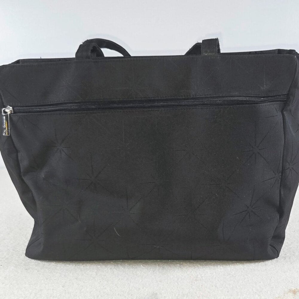 Artistry Black Travel Tote Bag — Starburst Pattern, Zip Top, Shoulder Straps